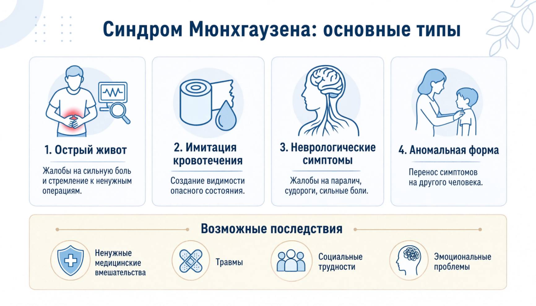 Виды синдрома Мюнхгаузена и признаки расстройства личности на медицинской инфографике